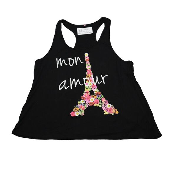 Mon Amour Shirt Womens Black Sleeveless Scoop Neck Racerback Graphic Tank Top - Picture 1 of 13